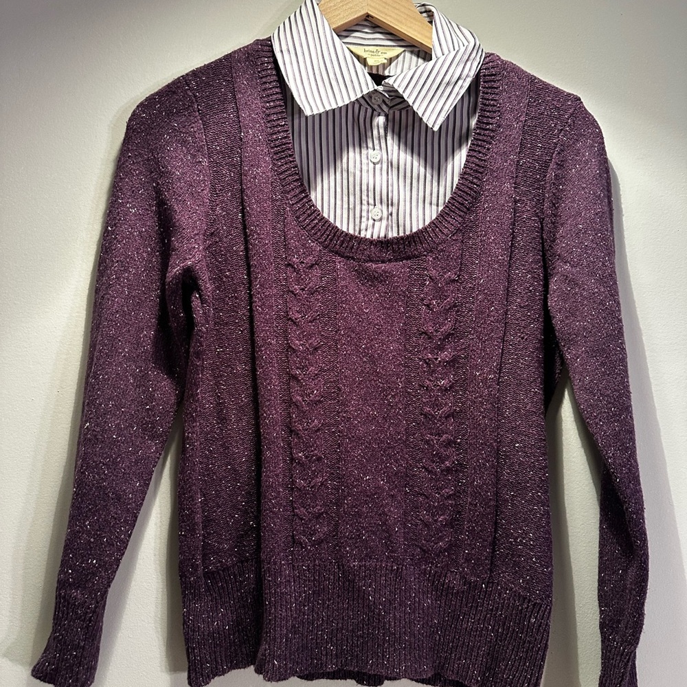 Brina & Em Petite Purple Knit Sweater with Striped Collar